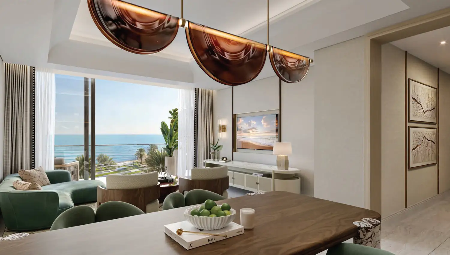Two-bedroom apartment living room interior at Fairmont Residences Al Marjan Island